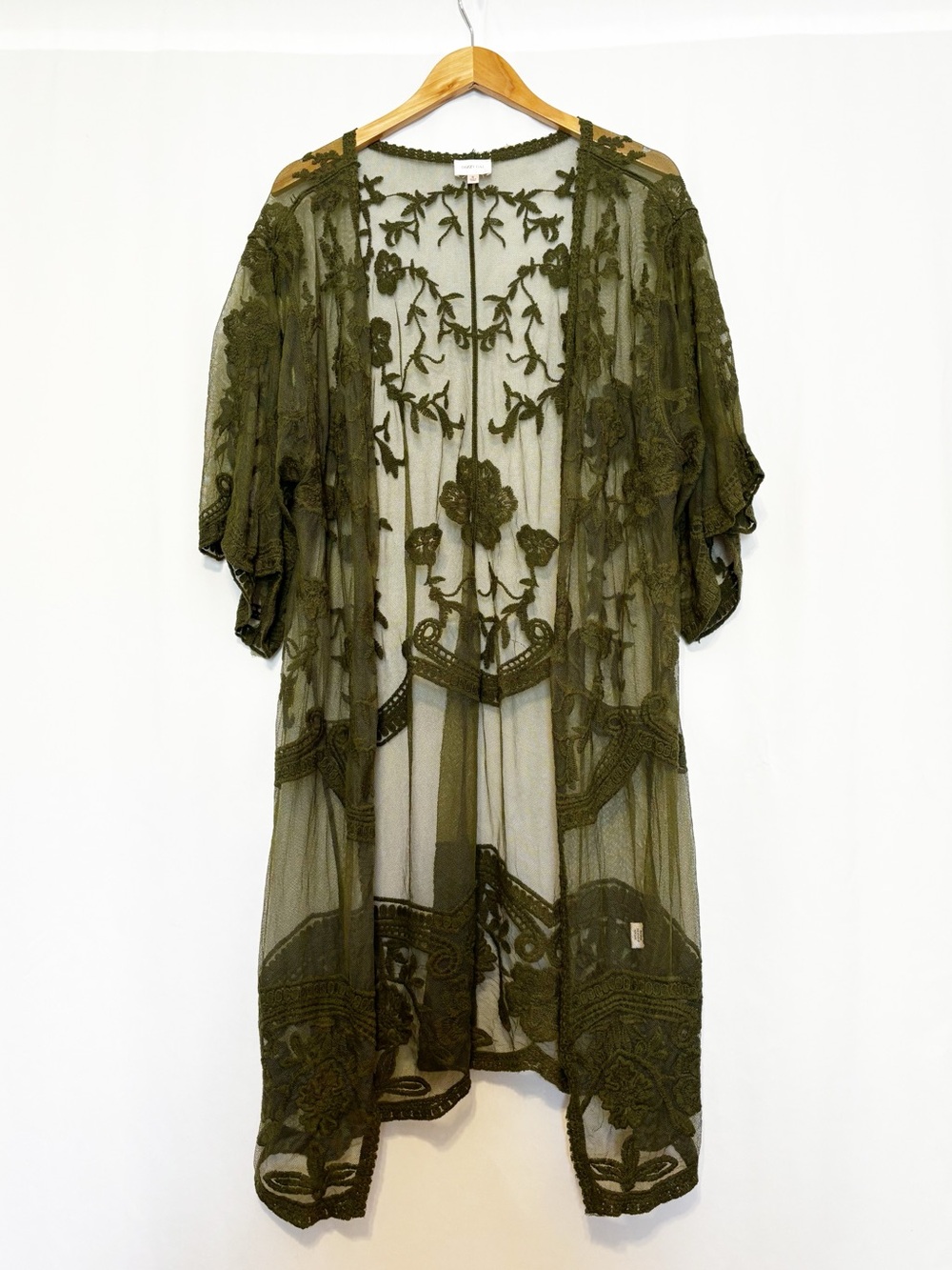 Dizzy Gal Green Lace Embroidered Mesh Kimono Open Duster Cardigan size Small
